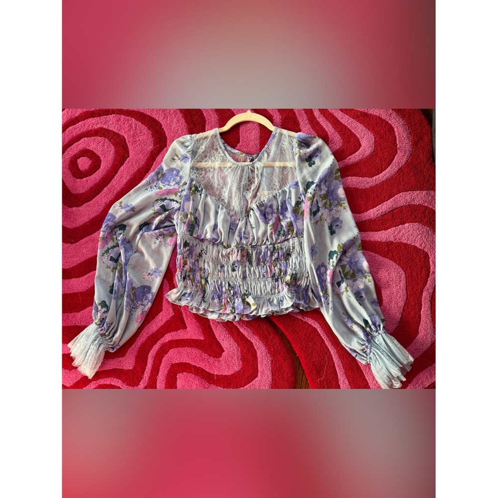 NWT Free People Lavender Blue Floral Lace-Trim Smocked Blouse Size L